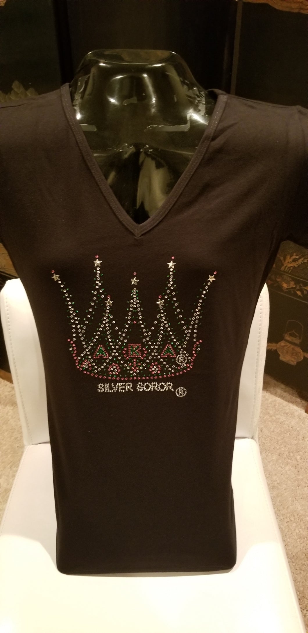 AKA BLACK V-NECK TEE SILVER STAR CROWN DESIGN