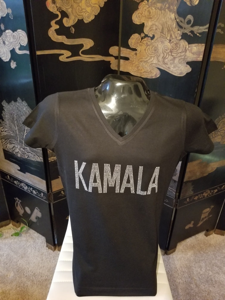 AA KAMALA BLACK & CLEAR STONE V-NECK TEE